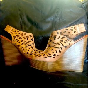 Size 9, 5 1/2 inch heel, stylish tan/light brown wedge sandals.